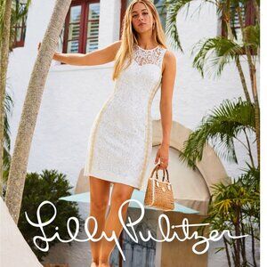 LILLY PULITZER "Mila" Lace Shift Dress in white with metallic gold side trim